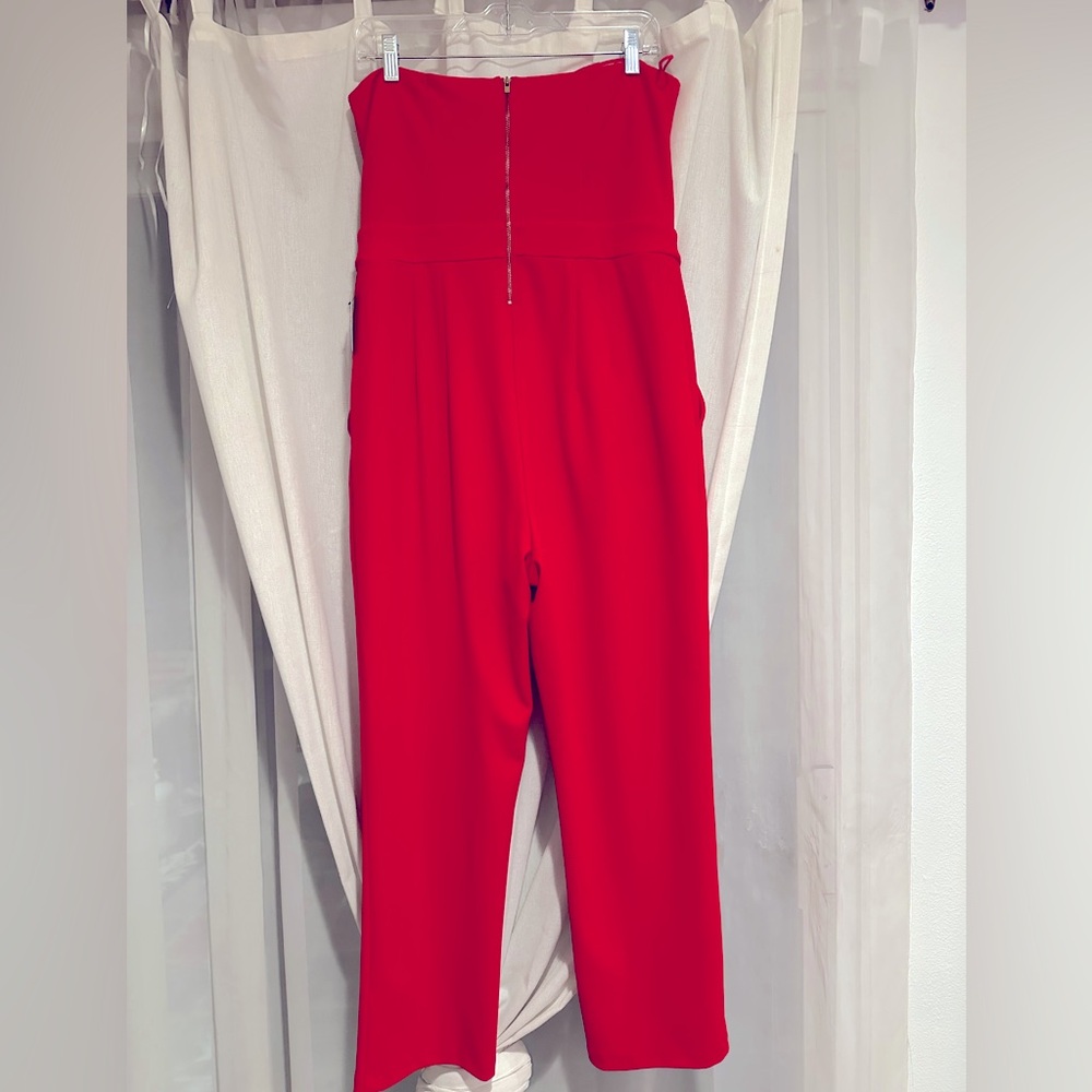 Express Strapless Red Straight-Leg Jumpsuit - Picture 4 of 6